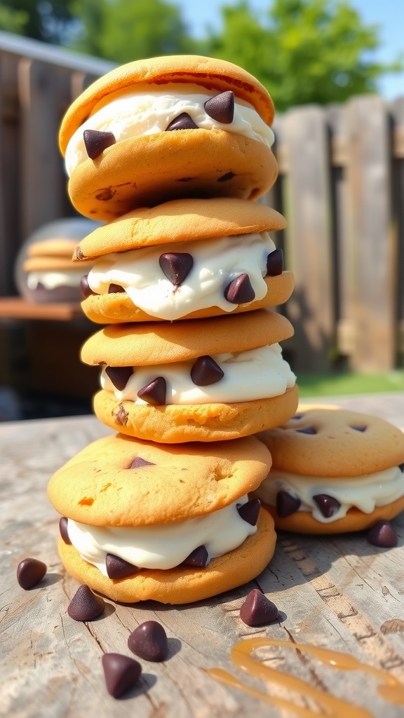 Stacked chocolate chip ice cream sandwiches on a wooden table, with melted ice cream spilling out.